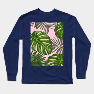 Green Leaf pattern with Pink Background Long Sleeve T-Shirt